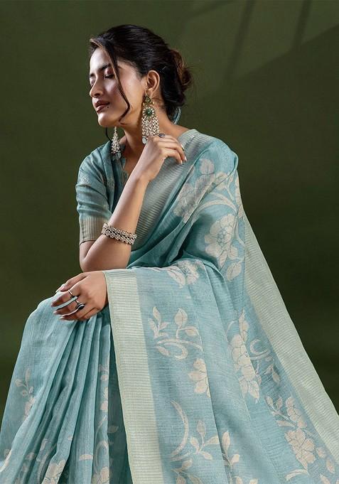 Teal Printed Blended Saree Set