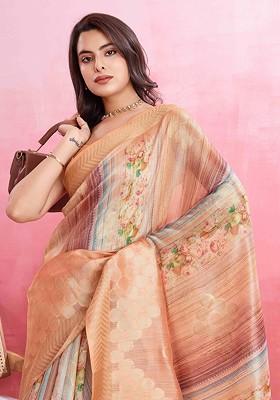 Peach Embroidered Blended Saree Set