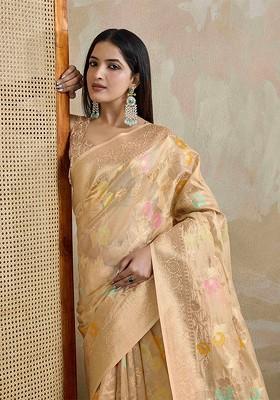 Beige Embroidered Blended Saree Set