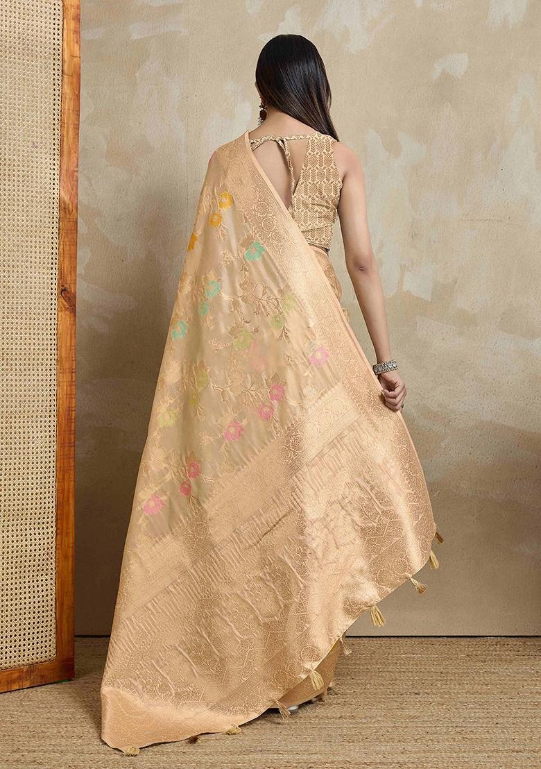 Beige Embroidered Blended Saree Set - Indya