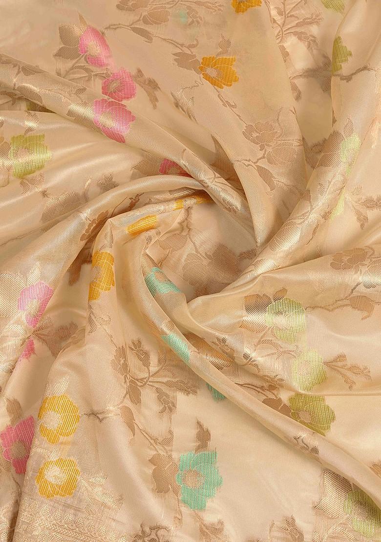 Beige Embroidered Blended Saree Set - Indya