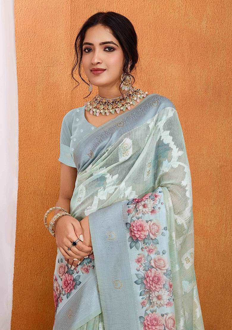 Teal Printed Blended Saree Set - Indya