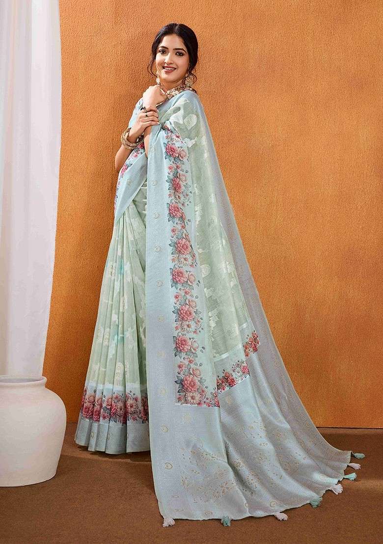 Teal Printed Blended Saree Set - Indya