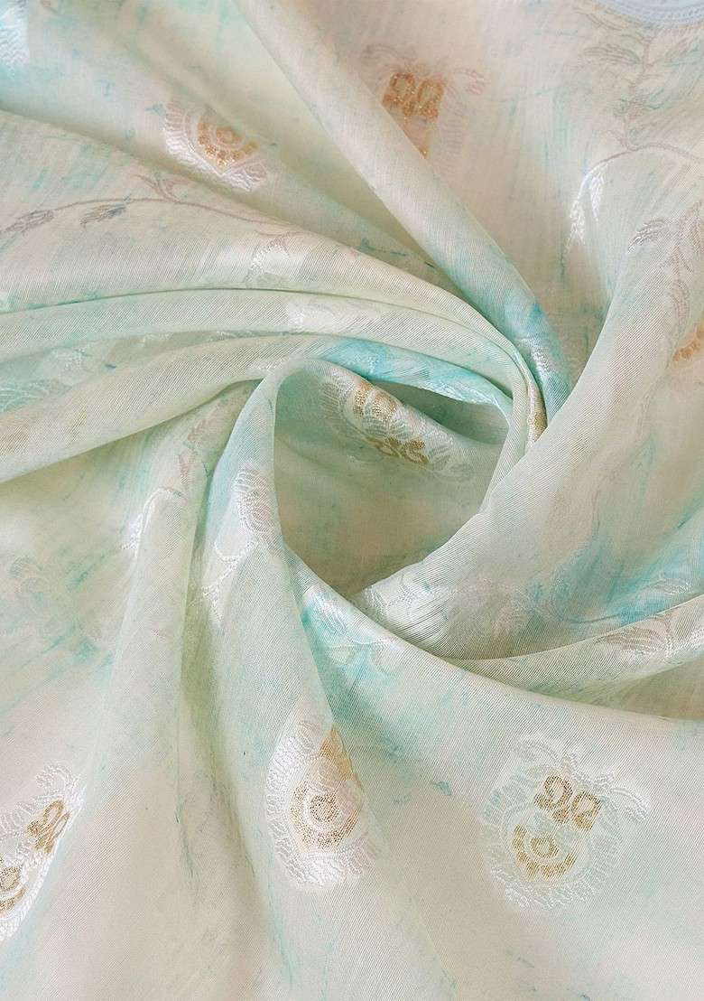 Teal Printed Blended Saree Set - Indya