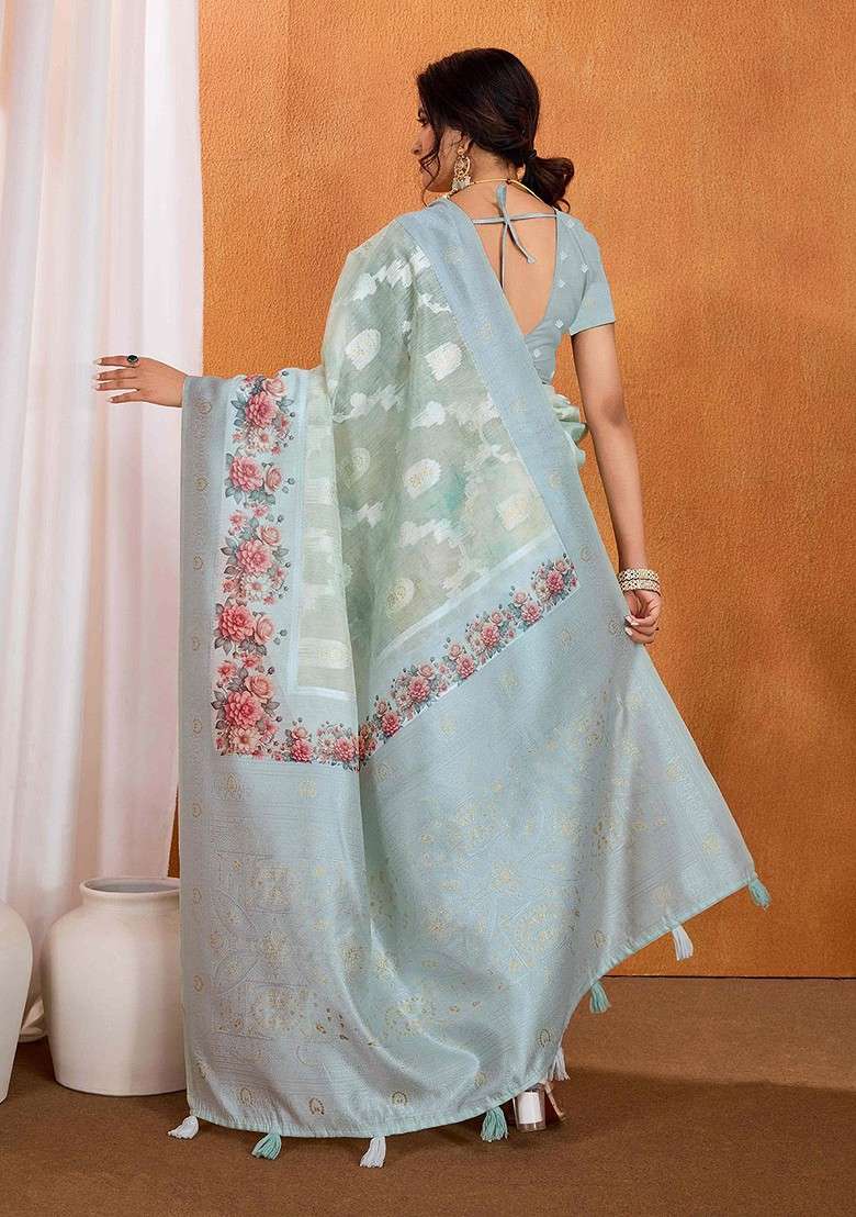 Teal Printed Blended Saree Set - Indya