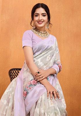 Purple Jacquard Blended Saree Set