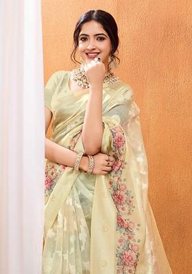 Yellow Jacquard Blended Saree Set