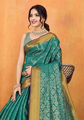 Sea Green Embroidered Blended Saree Set