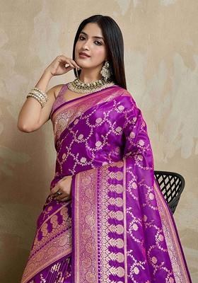 Violet Jacquard Blended Saree Set