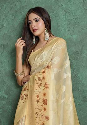 Yellow Printed Blended Saree Set