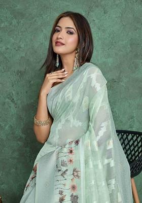 Sea Green Embroidered Blended Saree Set