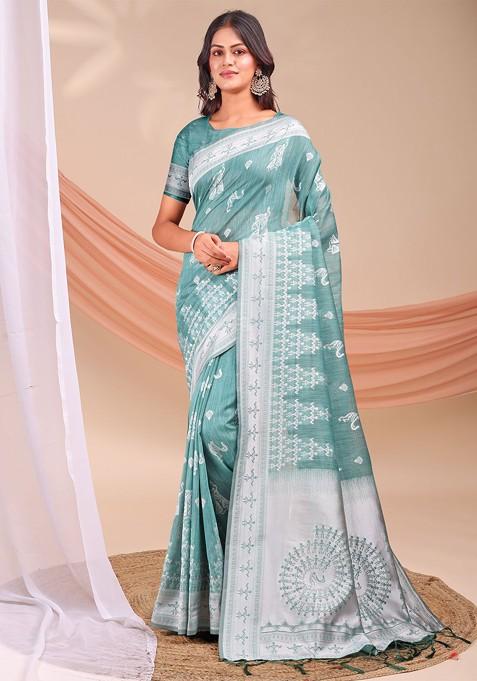 Teal Embroidered Blended Saree Set