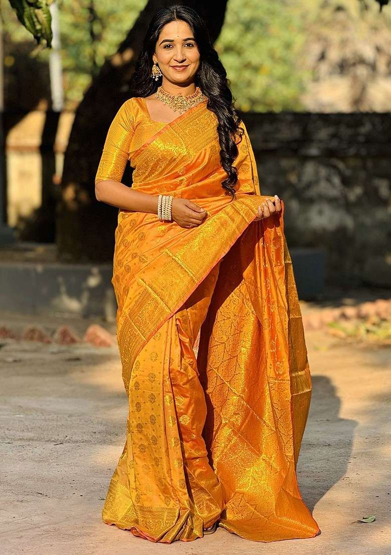Mustard Printed Blended Saree Set for Diwali and Festive Wear - Indya