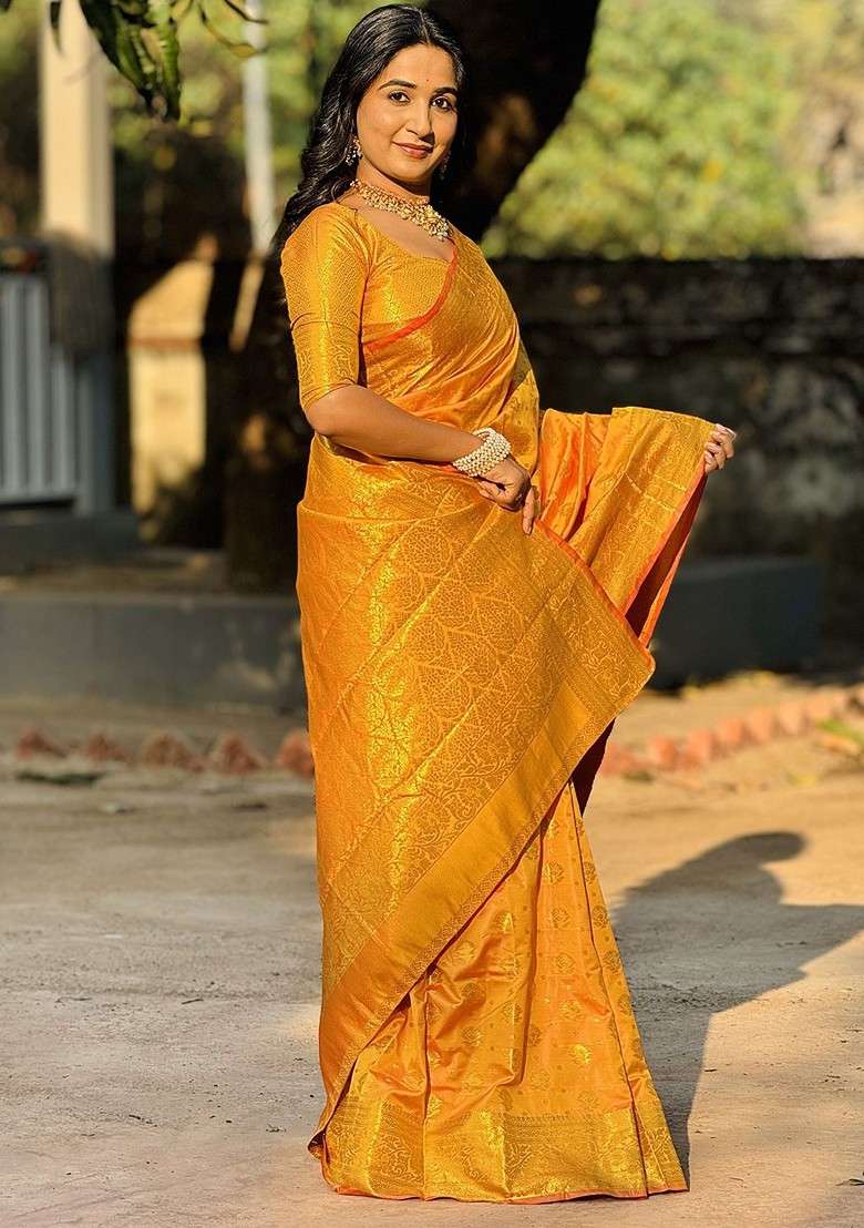 Mustard Printed Blended Saree Set for Diwali and Festive Wear - Indya
