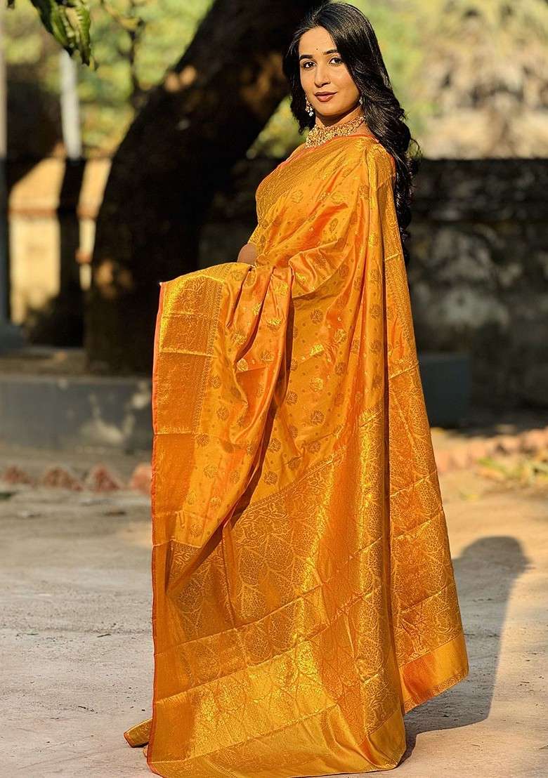 Mustard Printed Blended Saree Set for Diwali and Festive Wear - Indya