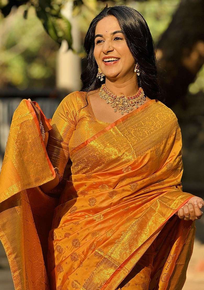 Mustard Printed Blended Saree Set for Diwali and Festive Wear - Indya