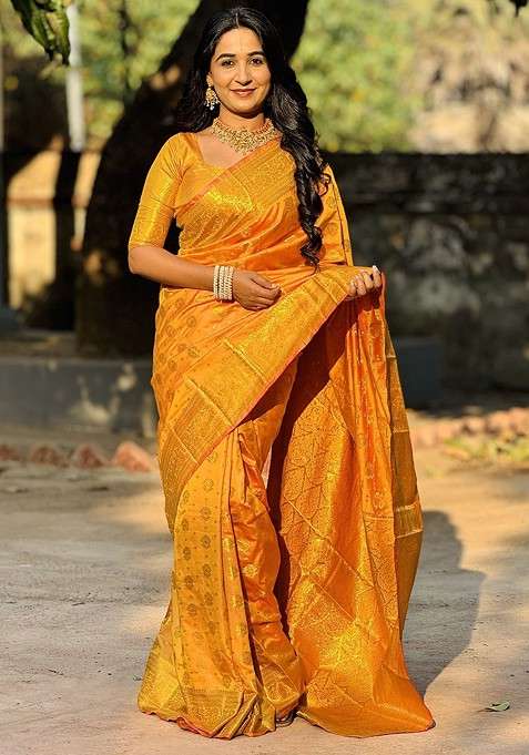 Mustard Printed Blended Saree Set for Diwali and Festive Wear