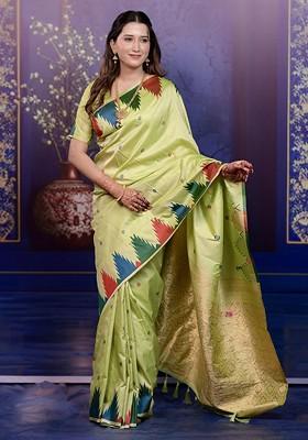 Lime Green Embroidered Blended Saree Set