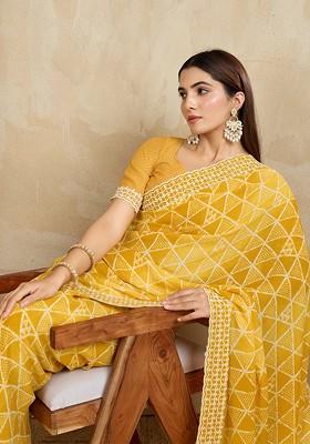 Yellow Printed Blended Saree Set