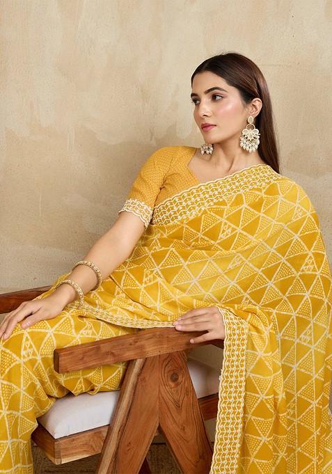 Yellow Printed Blended Saree Set