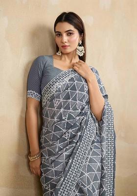 Grey Embroidered Blended Saree Set