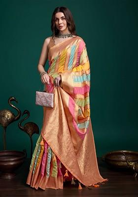 Peach Embroidered Blended Saree Set