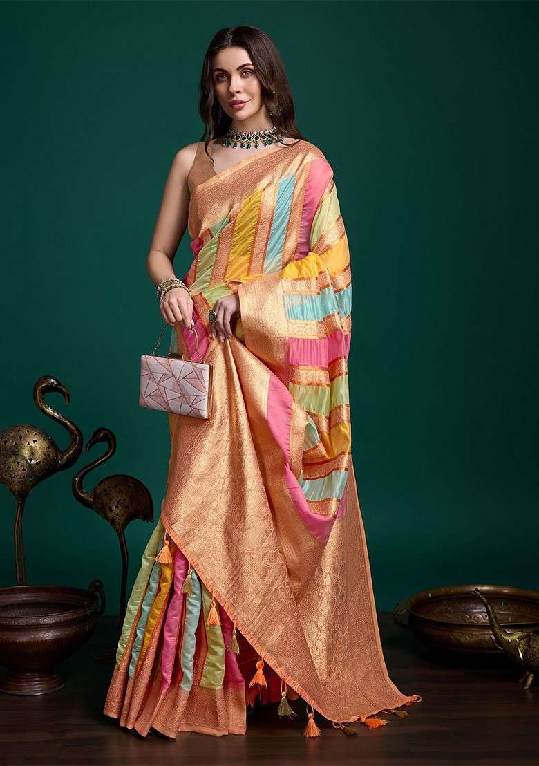 Peach Embroidered Blended Saree Set - Indya