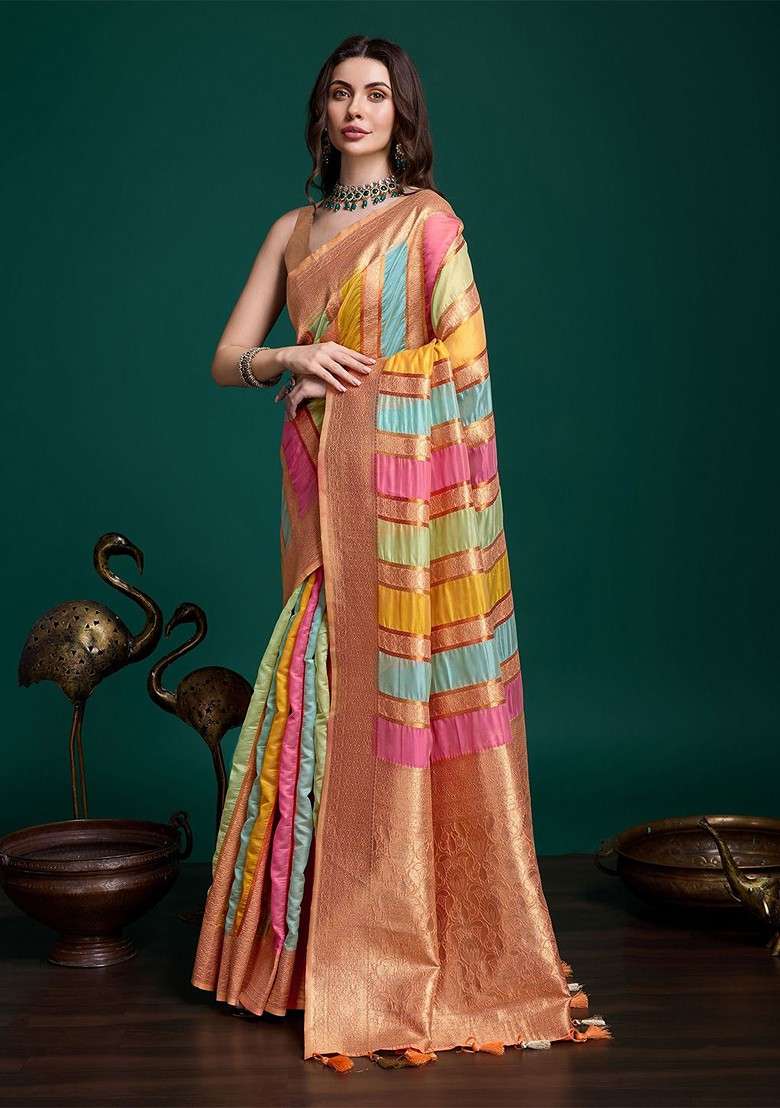 Peach Embroidered Blended Saree Set - Indya