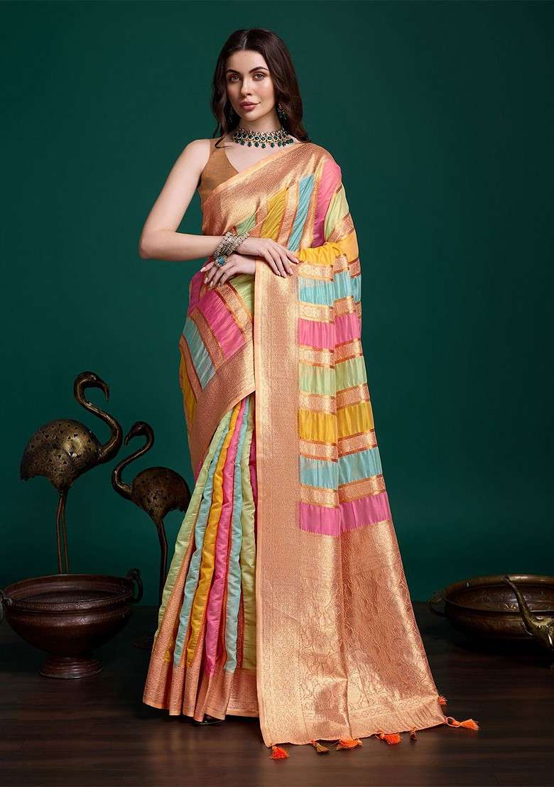 Peach Embroidered Blended Saree Set - Indya