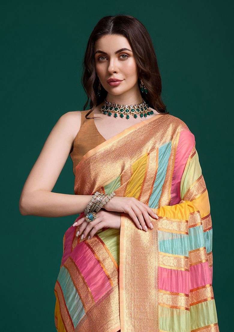 Peach Embroidered Blended Saree Set - Indya