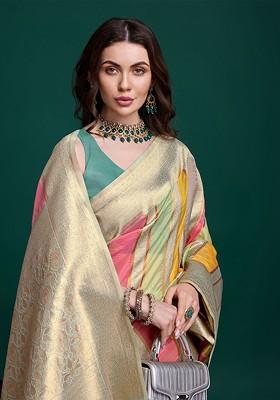 Grey Embroidered Blended Saree Set
