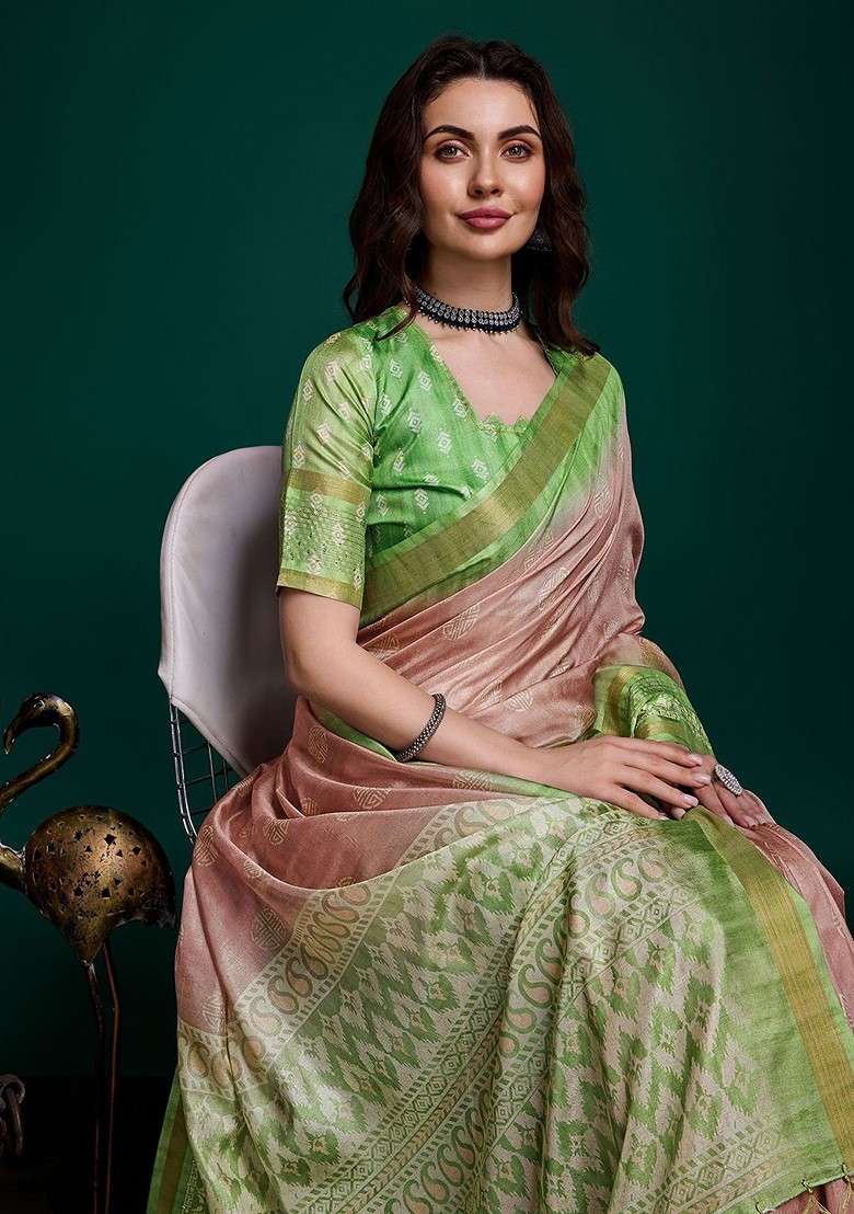 Peach Printed Blended Saree Set - Indya