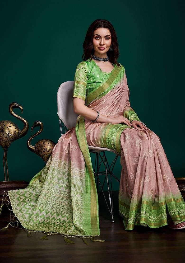 Peach Printed Blended Saree Set - Indya