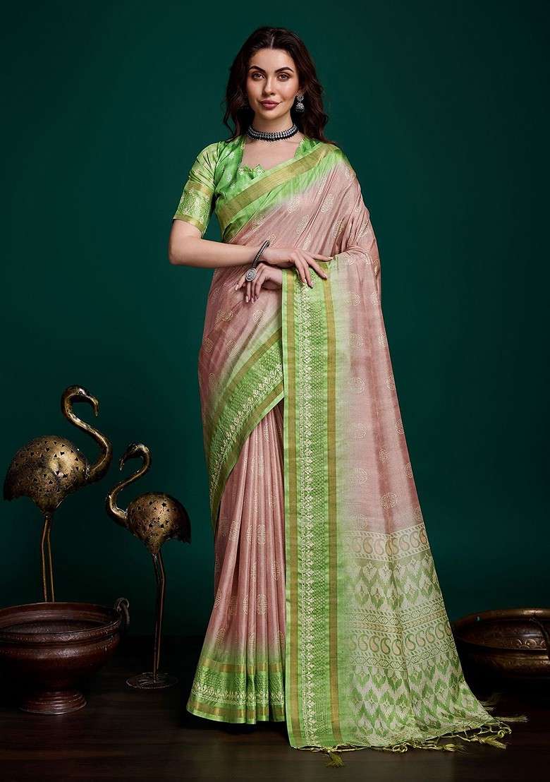 Peach Printed Blended Saree Set - Indya