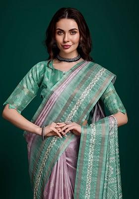 Pink Printed Blended Saree Set