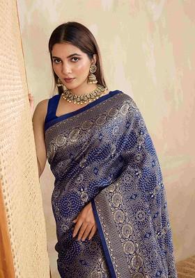 Navy Blue Jacquard Blended Saree Set