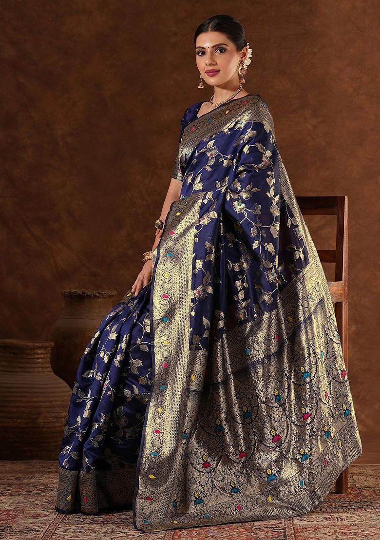Navy Blue Embroidered Blended Saree Set - Indya