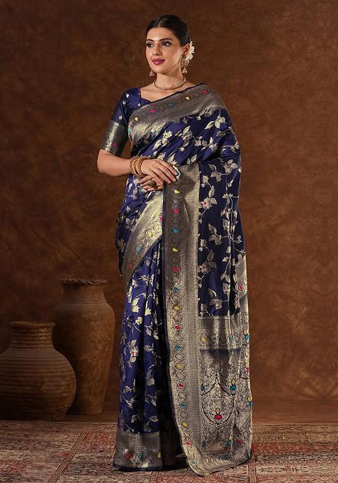 Navy Blue Embroidered Blended Saree Set