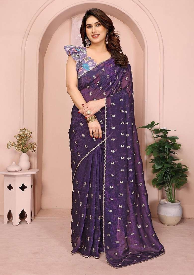 Purple Embellished Blended Saree Set for Diwali | Wedding & Festive Wear - Indya