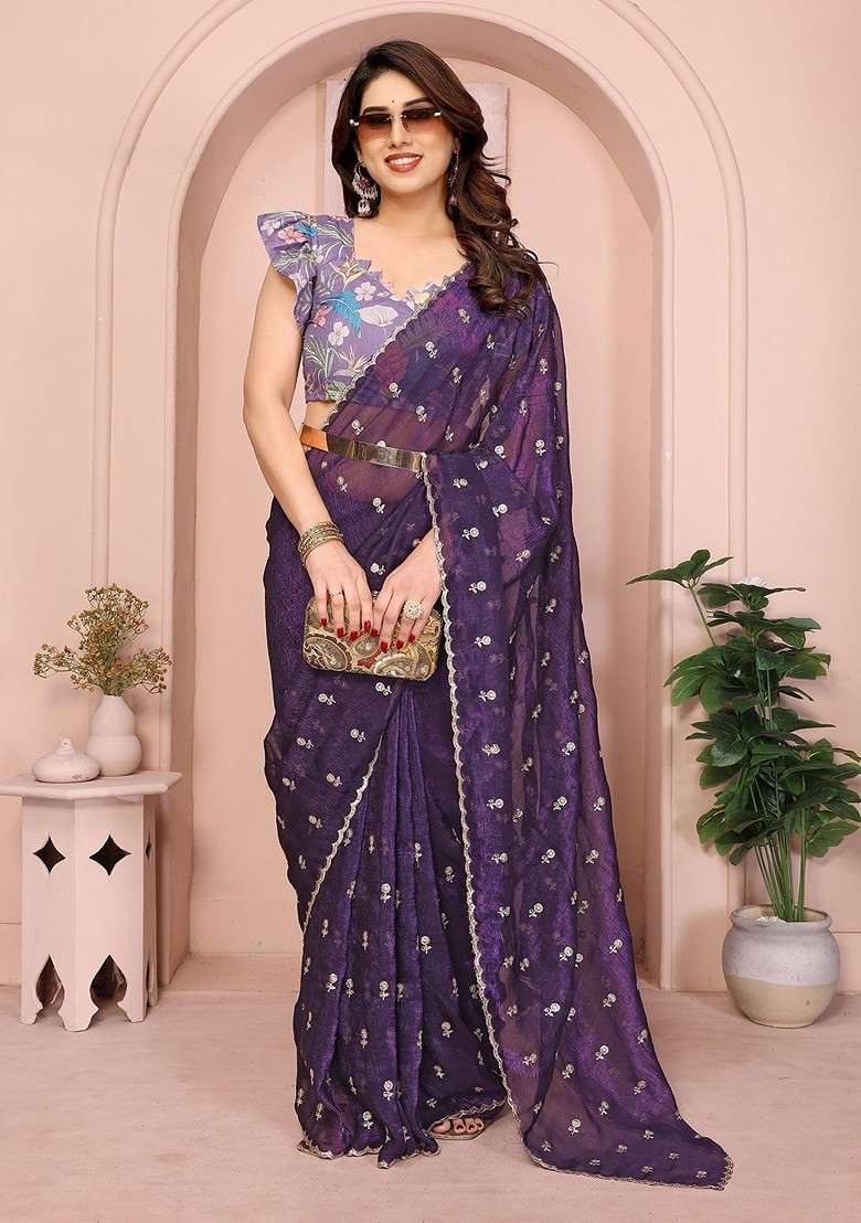 Purple Embellished Blended Saree Set for Diwali | Wedding & Festive Wear - Indya
