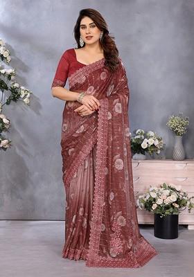 Maroon Printed Blended Saree Set