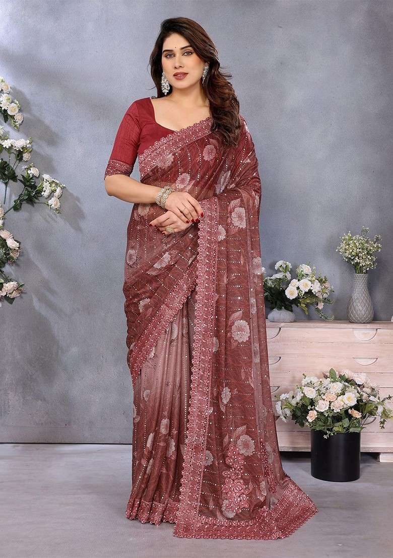 Maroon Printed Blended Saree Set for Diwali and Festive Wear - Indya