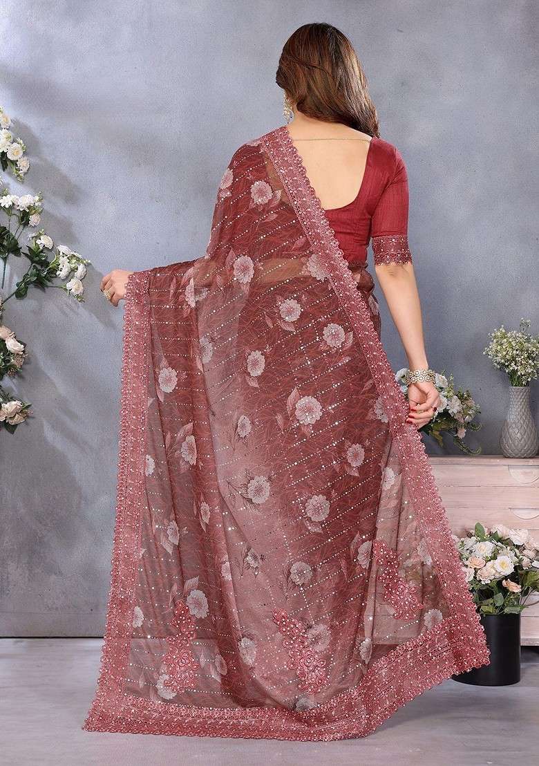 Maroon Printed Blended Saree Set for Diwali and Festive Wear - Indya