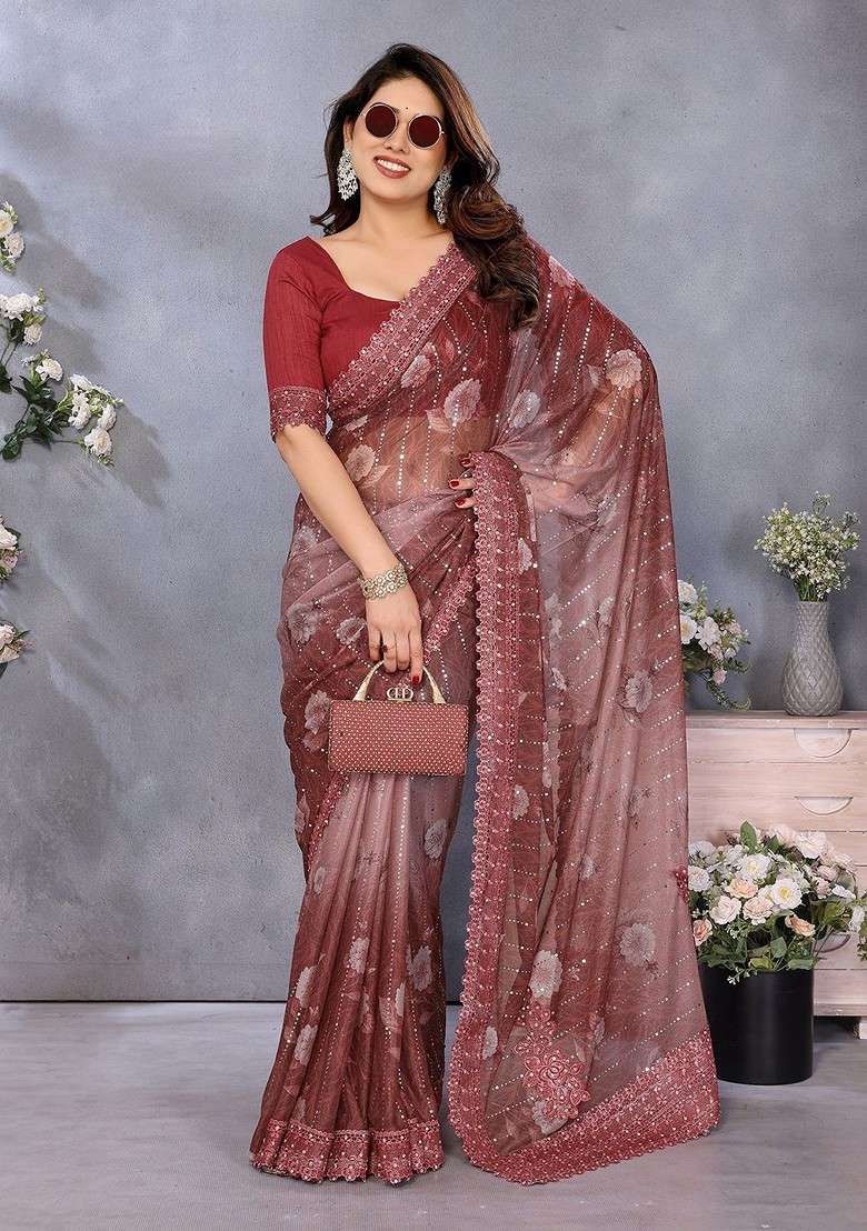 Maroon Printed Blended Saree Set for Diwali and Festive Wear - Indya