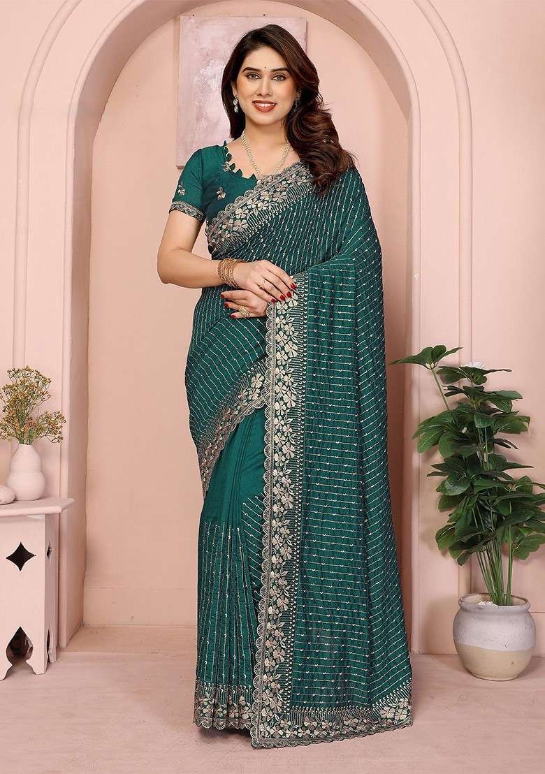 Green Embellished Blended Saree Set for Diwali | Wedding & Festive Wear - Indya