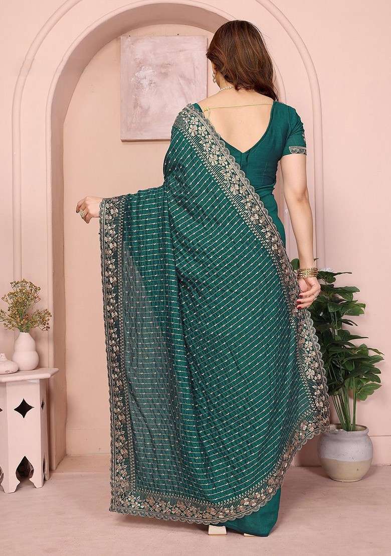 Green Embellished Blended Saree Set for Diwali | Wedding & Festive Wear - Indya