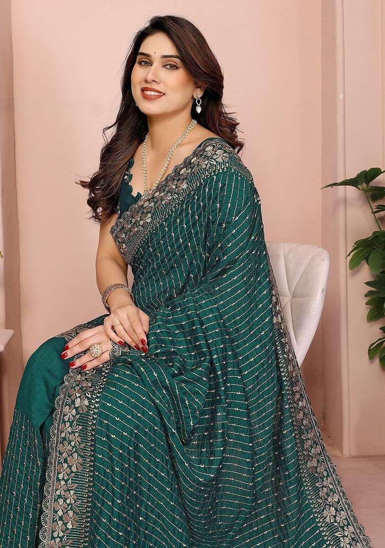 Green Embellished Blended Saree Set for Diwali | Wedding & Festive Wear - Indya
