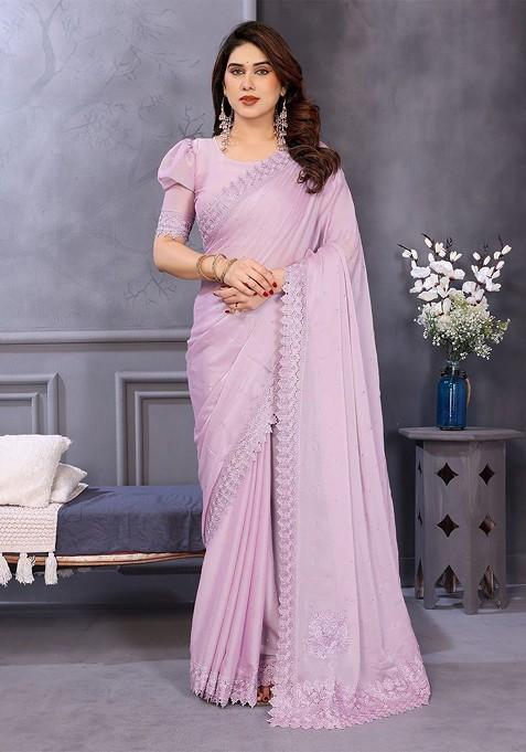 Lavender Embellished Blended Saree Set