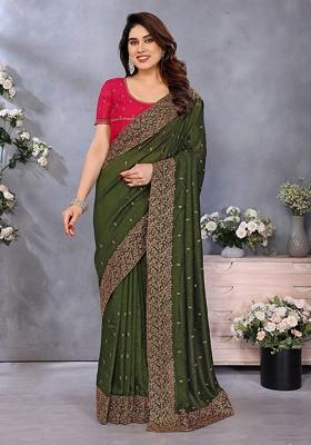 Green Embellished Blended Saree Set