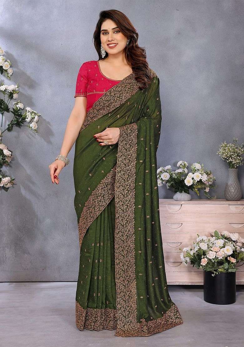 Green Embellished Blended Saree Set for Diwali and Festive Wear - Indya